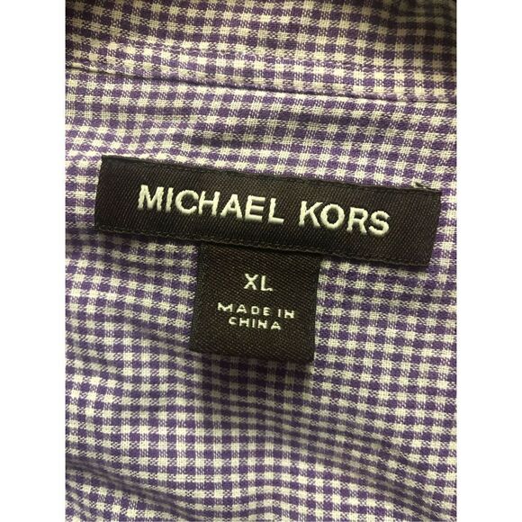 Michael Kors Mens Purple and White Gingham Plaid Long Sleeve Collared Button Up - Picture 4 of 7